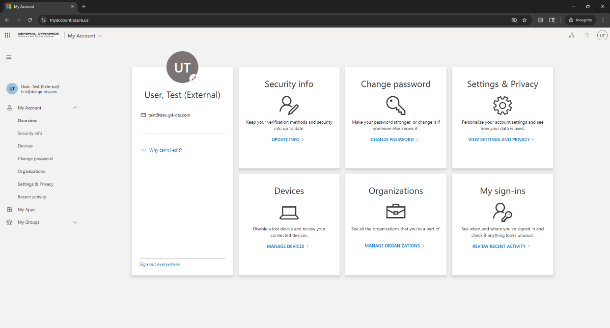 GDOTS My Account portal dashboard showing Security info, Change password, and other account management tiles