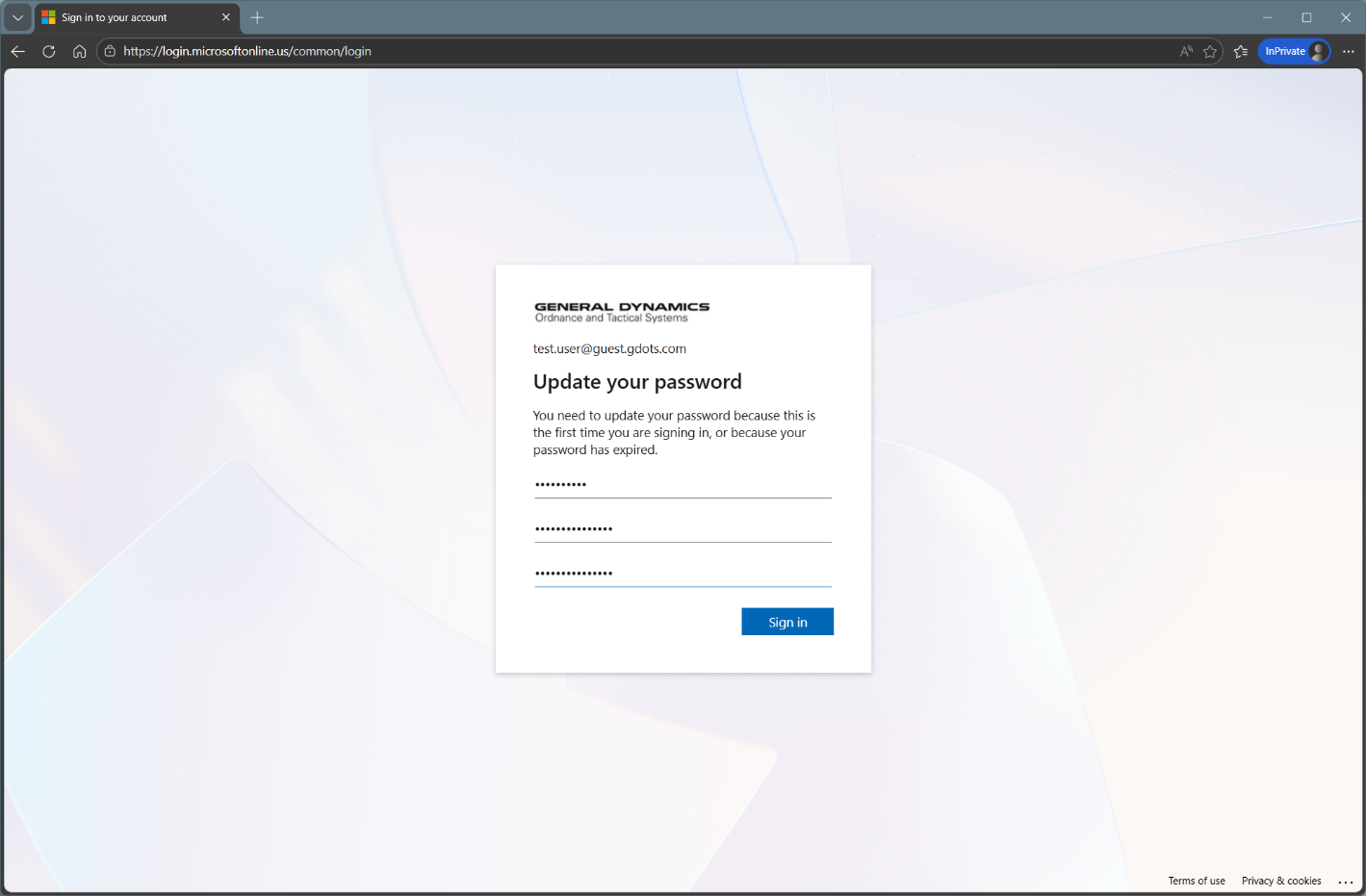 Update your password page showing current password and new password fields