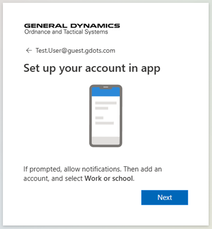 Set up your account in app page with Next button